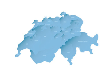 Switzerland political map of administrative divisions - cantons. Shaded vector map with 3D-like blue gradient and name labels