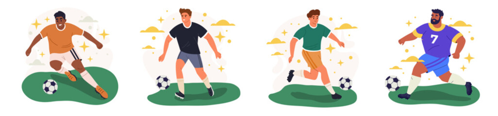 A group of football players. Athletes playing European football are running with the ball. Flat vector illustration on a white background