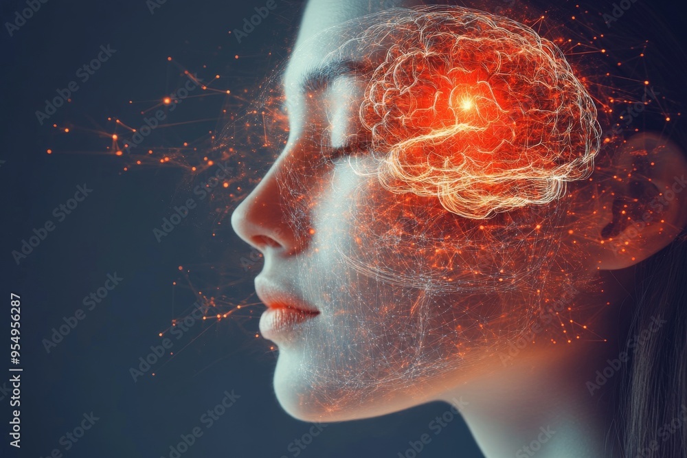 Poster neurodegeneration logical close up of a womans profile with a glowing brain symbolizing neural conne