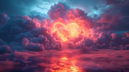 Fototapeta premium A glowing heart shaped light shines through the clouds at sunset.