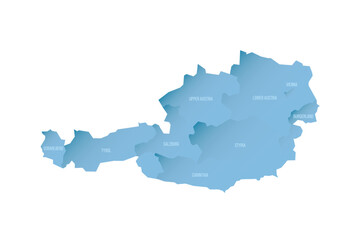 Austria political map of administrative divisions - federal states. Shaded vector map with 3D-like blue gradient and name labels