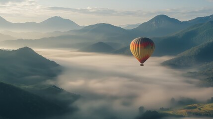 Fototapeta premium A hot air balloon glides over misty mountains at dawn in a breathtaking aerial panorama of nature's beauty