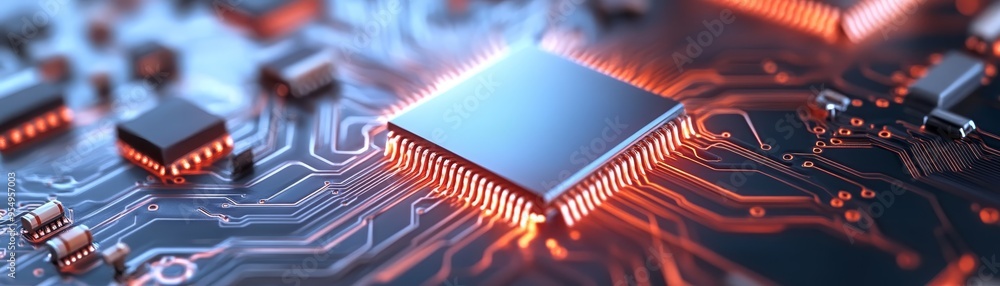 Poster closeup of a glowing circuit board with a processor chip