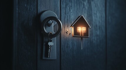 Fototapeta premium A wooden door with a glowing house keyhole illuminates the entryway at dusk, creating a warm ambiance for homecoming