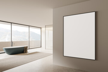 Beige hotel bathroom interior with bathtub and panoramic window. Mockup frame