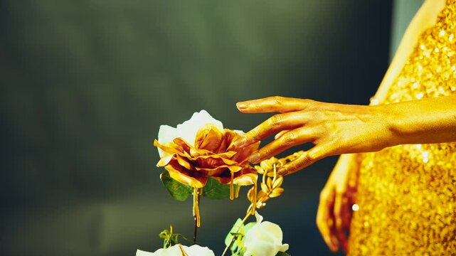 Fantasy art video closeup female hand covered with gold paint skin touches white rose liquid gold dripping on petals. Goddess woman strokes flower with finger. Hand of Midas touch gilded. Black studio