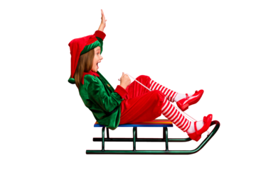 Full body profile side photo of crazy elf girl with red head long haircut sledding having fun wearing green costume hat cap isolated over red background