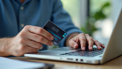 TheClose-up photo of a part of the body, young hands of a man in a blue shirt sitting at a table, holding a credit card and typing on a laptop keyboard