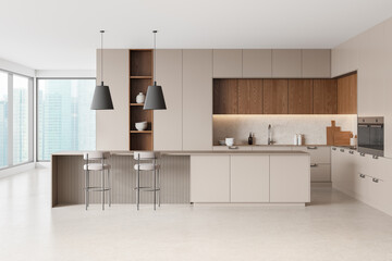Beige home kitchen interior with bar counter and cooking cabinet, window