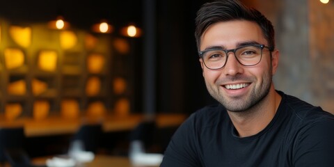 Close-up photo portrait of young successful entrepreneur, businessman investor wearing glasses at workplace smiling and looking at camera，Cultural Diversity, and Freedom Concepts. AI-Generated 4K Back