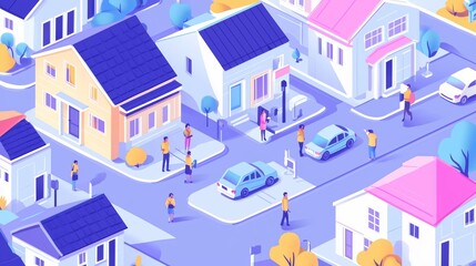 Obraz premium A vibrant neighborhood with people engaging in various activities during a sunny day