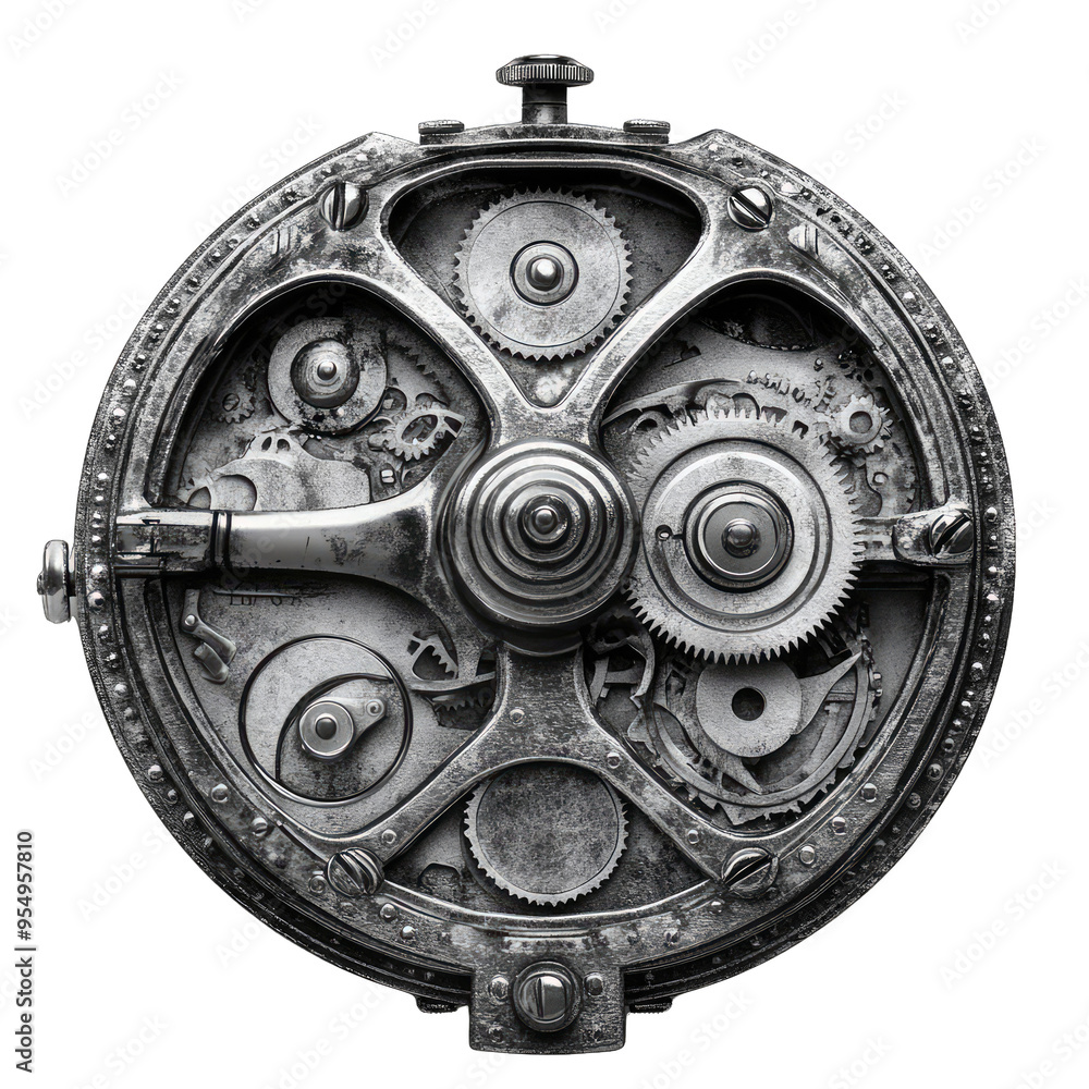 Poster intricate clockwork mechanism showcasing precision gears and cogs in a vintage design, ideal for ste