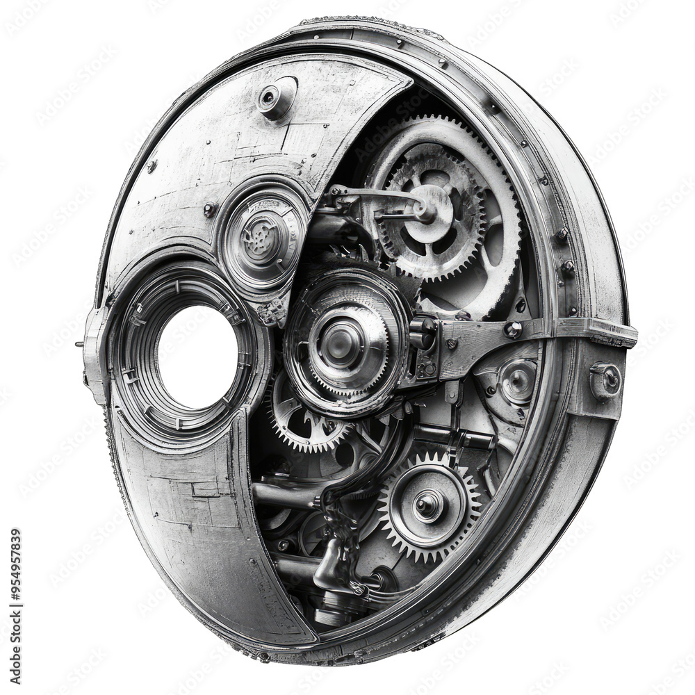 Poster intricate close-up of a mechanical clockwork, showcasing gears and springs in a circular design, per