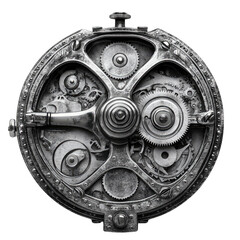 Naklejka premium Intricate clockwork mechanism showcasing precision gears and cogs in a vintage design, ideal for steampunk aesthetics.