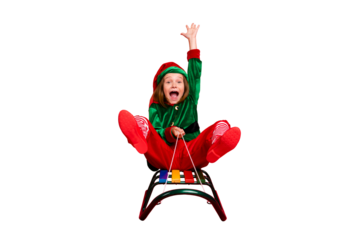 Portrait of her she nice attractive lovely funny charming cheerful cheery glad carefree pre-teen elf santa claus having fun sledging fairy tale miracle isolated over bright vivid shine red background