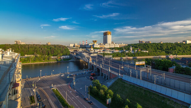 Evening view at the Russian Academy of Sciences timelapse and Novoandreevsky Bridge over the Moscow River.