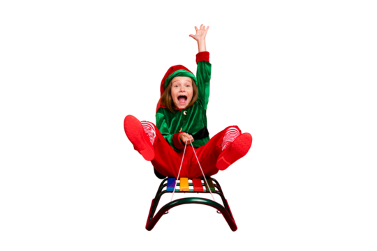 Portrait of her she nice attractive lovely funny charming cheerful cheery glad carefree pre-teen elf santa claus having fun sledging fairy tale miracle isolated over bright vivid shine red background