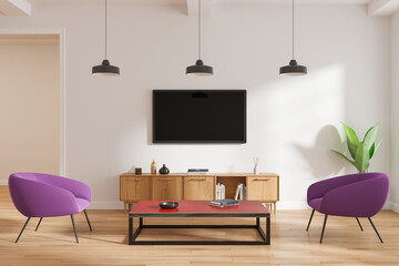 Relax room interior with tv display and drawer, armchairs on hardwood floor