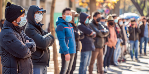 Fototapeta premium Long line of people practicing social distancing, wearing masks, and waiting to get vaccinated at a temporary clinic set up in a public space.