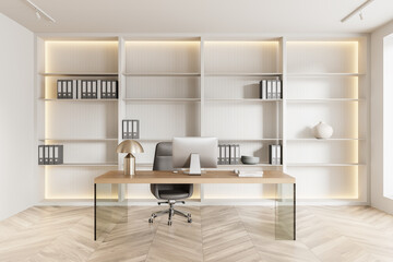 Stylish business interior with work table, pc computer and shelf with documents