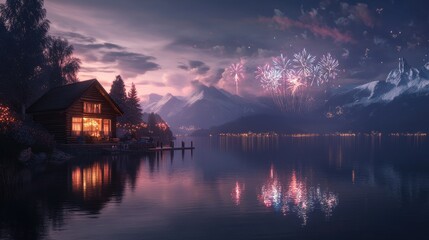 Breathtaking Fireworks Display Over a Serene Alpine Lake Landscape