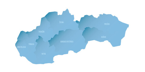 Slovakia political map of administrative divisions - regions. Shaded vector map with 3D-like blue gradient and name labels
