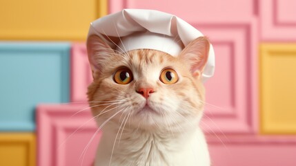 a cute cat wearing chef hat in a kitchen with colorful walls