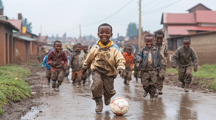Naklejka premium group of young Black boys in yellow football and shorts, playing soccer on the dirt road outside their village home, smiling, grins as they hold, ball, raining and foggy