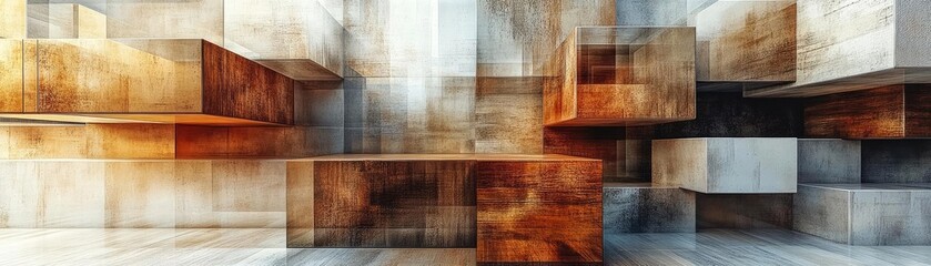 Stacked cubes with shifting perspectives, each layer a different material, like wood, metal, and glass, 3D abstract