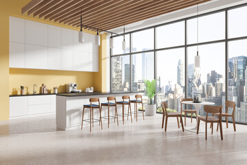 Modern kitchen and dining area with city view. 3D Rendering