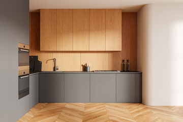 Modern home kitchen interior with kitchenware and cooking space with shelves