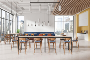 Modern open coworking space with city view, elegant design. 3D Rendering