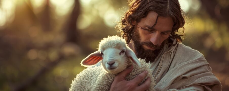 Serene image of Jesus Christ holding a gentle lamb, symbolizing peace and care. Free copy space for text.