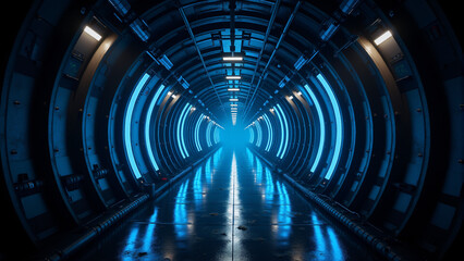 Neon-Lit Cyber Hangar with Metal Panels and Laser Lights in a 360-Degree Dark Tunnel View