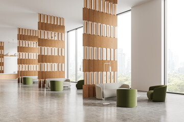 Light office interior with reception desk and relax zone, panoramic window