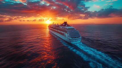 A cruise ship sails through the ocean at sunset, with a fiery sky and calm water.