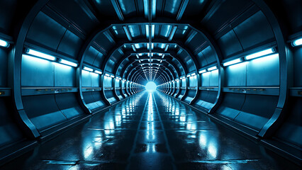 Fototapeta premium Futuristic Cyber Hangar with Glowing Blue Tubes and Metal Panels in a Dark Tunnel Environment