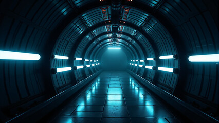 360-Degree Panoramic View of a Dark Tunnel with Laser Lights and Neon Glow in a Futuristic Cyber Hangar