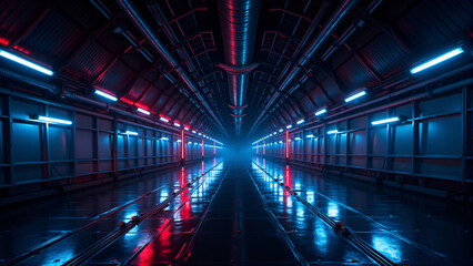360-Degree Panoramic View of a Dark Tunnel with Laser Lights and Neon Glow in a Futuristic Cyber Hangar
