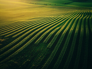agricultural fields, with alternating rows of crops creating a dramatic V-shaped pattern, golden hour light casting long shadows across the landscape
