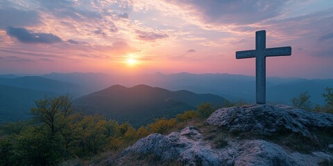 Serene Sunrise Over Mountain Cross