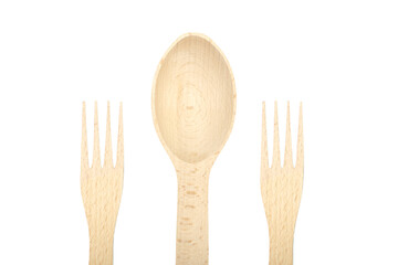 Wooden spoon and fork isolated