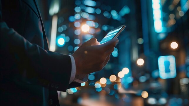 Businessman hand navigating mobile banking app digital wallet screen glowing