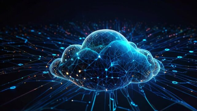 Abstract blue cloud computing concept with glowing lines and nodes.