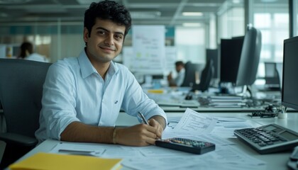 Fototapeta premium Successful Young Businessman: Cheerful Professional in Office Setting. Smiling Accountant with Calculator After Paperwork, Contract Signing, and Financial Reporting. Diverse Workplace Culture for Mark