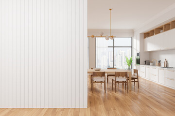 Elegant home kitchen interior with eating table and cabinet, window. Empty wall