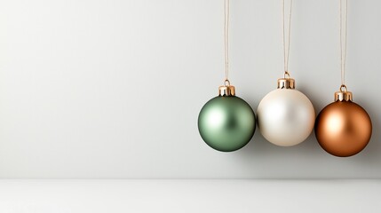 Three Christmas ornaments hanging from a string. The ornaments are green, white, and gold