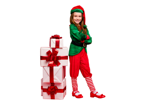 Full length body size view of her she nice attractive content cheerful cheery funny pre-teen elf folded arms winter holly jolly tradition sale discount isolated over bright vivid shine red background - Powered by Adobe