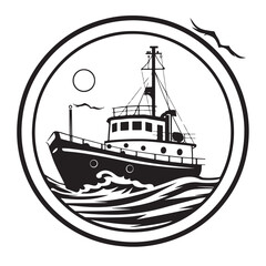 Maritime Ship Black and White Vector Graphic Circular Design Against White Background