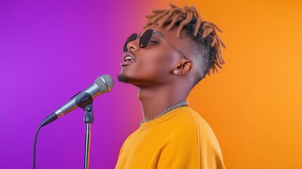 A man with a microphone singing in front of a purple background. He is wearing sunglasses and a yellow shirt